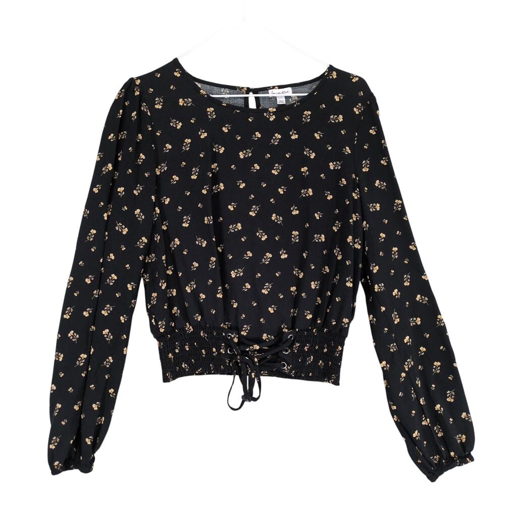 Love Fire Women's XL Black Floral Whimsigoth Puff Sleeve Crop Top Corset Tie Y2K